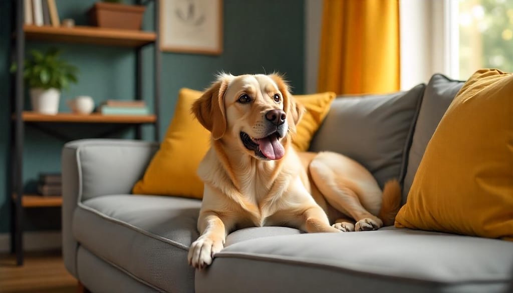 cachorro em um apartamento aconchegante, desmistificando a necessidade de um quintal. Visualize um cachorro (raça amigável e popular, como Golden Retriever ou Labrador, ou um SRD - Sem Raça Definida -  para maior identificação com o público geral)  relaxado e confortável em um sofá macio, cercado por almofadas coloridas. O ambiente do apartamento deve ser acolhedor e convidativo, com luz natural entrando pela janela, plantas, livros e outros elementos que sugiram um lar feliz e confortável.
