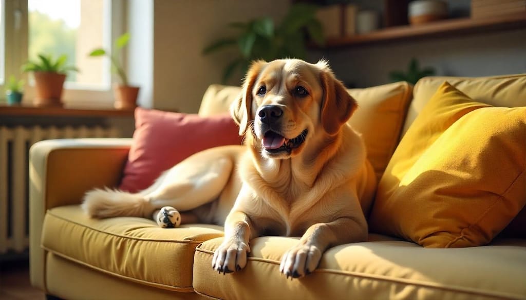 cachorro em um apartamento aconchegante, desmistificando a necessidade de um quintal. Visualize um cachorro (raça amigável e popular, como Golden Retriever ou Labrador, ou um SRD - Sem Raça Definida -  para maior identificação com o público geral)  relaxado e confortável em um sofá macio, cercado por almofadas coloridas. O ambiente do apartamento deve ser acolhedor e convidativo, com luz natural entrando pela janela, plantas, livros e outros elementos que sugiram um lar feliz e confortável.