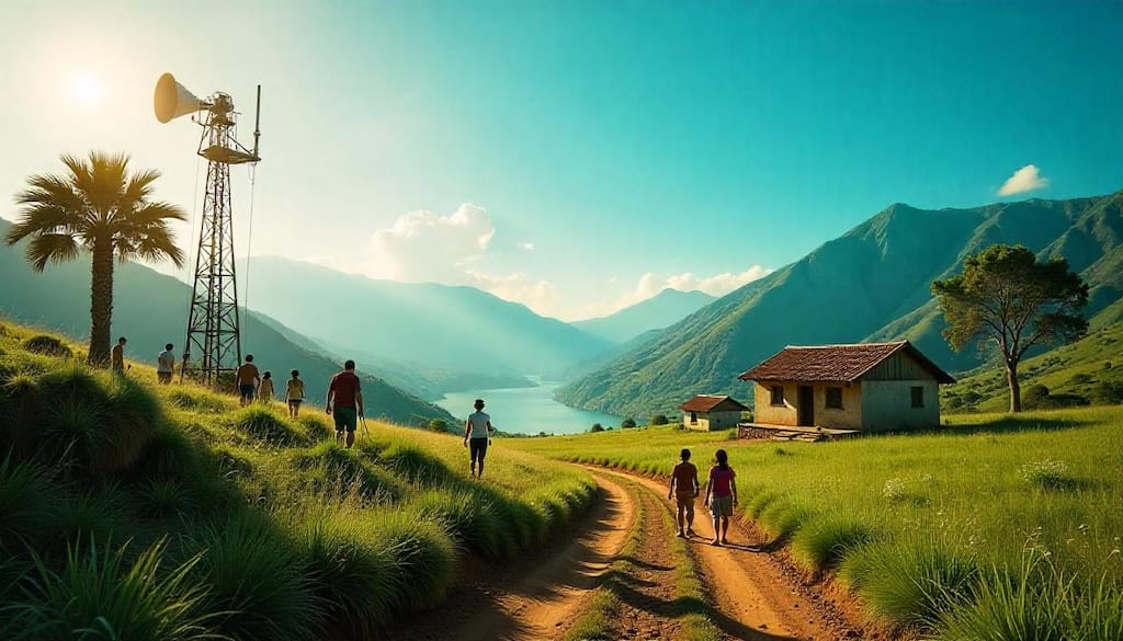 imagem que represente o impacto transformador da conectividade em comunidades isoladas no Brasil. Visualize uma paisagem rural ou remota brasileira (com elementos como floresta, rio, casas simples, etc.), onde uma antena de internet (satélite ou torre de celular discreta) simboliza a chegada da conectividade. Ao redor, mostre pessoas da comunidade (crianças, jovens, adultos, idosos) interagindo com a tecnologia de forma positiva