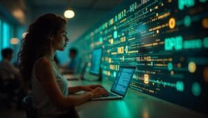 imagem conceitual e inspiradora que represente a Ciência da Informação como um motor para a inclusão digital no Brasil. Visualize uma cena onde a informação (representada por dados, códigos binários, linhas de conexão) flui e se espalha, conectando diferentes pessoas e comunidades no Brasil, especialmente aquelas em áreas marginalizadas ou com menos acesso à tecnologia (pessoas de diferentes etnias, regiões rurais e urbanas, jovens e idosos).
