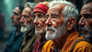Crescimento da imagem impactante e reflexiva que represente o aumento da população idosa no Brasil e a necessidade urgente de atenção e políticas públicas. Visualize um mosaico ou colagem com fotos de idosos brasileiros em diversos contextos: idosos ativos e saudáveis, idosos em momentos de lazer, idosos trabalhando, mas também idosos em situações de vulnerabilidade, como em filas de espera para atendimento médico, em lares de idosos precários, ou em solidão.