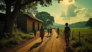 imagem que represente a história e a resistência das comunidades quilombolas no Brasil, destacando tanto o passado quanto os desafios contemporâneos. Visualize uma paisagem que combine elementos históricos e atuais: ao fundo, de forma mais etérea, a representação de um quilombo antigo (talvez com a figura de Zumbi dos Palmares ou elementos da cultura africana); em primeiro plano, uma comunidade quilombola atual, vibrante e ativa, com pessoas em atividades cotidianas, crianças brincando, adultos trabalhando na agricultura ou artesanato, e líderes comunitários em reunião.