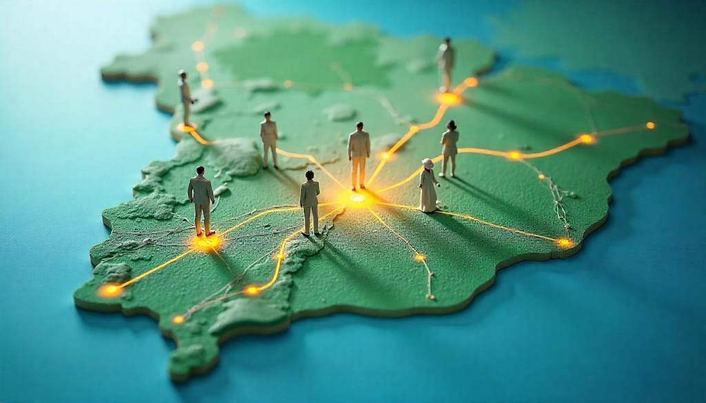imagem conceitual e moderna que represente a importância da transparência e rastreabilidade na transformação territorial. Visualize um mapa estilizado de uma região em transformação, com elementos visuais que simbolizem transparência (linhas claras, fluxos de informação, gráficos abertos) e rastreabilidade (pontos conectados, setas indicando caminhos, ícones de monitoramento).