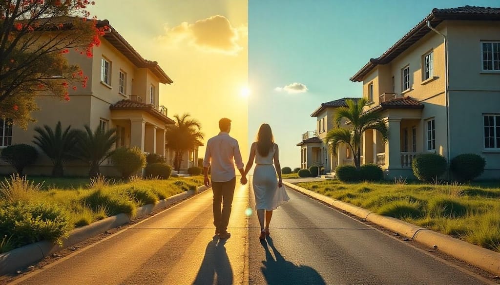 imagem comparativa e didática que represente as diferenças patrimoniais entre União Estável e Casamento no Brasil. Visualize dois caminhos/estradas (ou duas casas) que simbolizem as duas formas de união: um caminho mais formal e estruturado (Casamento), com símbolos de segurança jurídica, contrato formal, alicerces sólidos; e outro caminho mais flexível e menos formal (União Estável), com símbolos de informalidade, contrato opcional, mas com elementos que indiquem a necessidade de atenção e planejamento patrimonial. Utilize elementos visuais que remetam a patrimônio, bens, finanças, segurança jurídica, contrato, família (casal, casa, bens materiais).