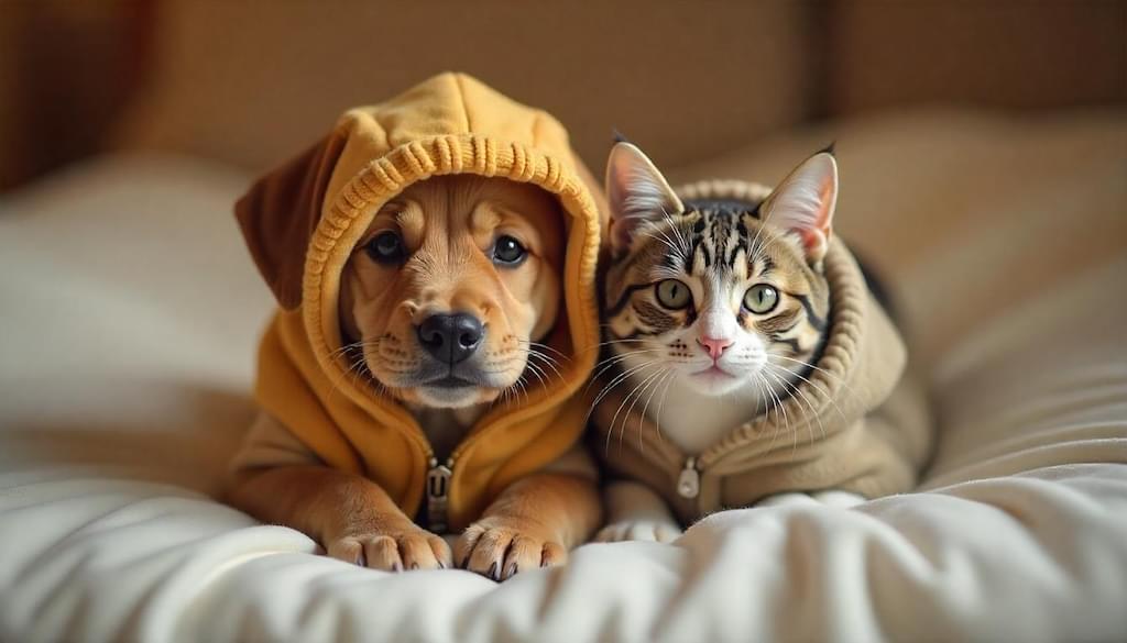 imagem acolhedora e reconfortante que represente a proteção de pets no inverno. Visualize um cão e um gato (de raças e cores diversas, transmitindo a ideia de inclusão e variedade de pets) juntos em um ambiente interno quentinho e aconchegante: pode ser em frente a uma lareira, em uma cama macia com cobertores, ou em um cantinho уютный decorado para o inverno.