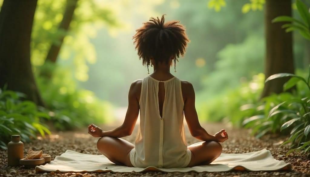 imagem inspiradora e empoderadora que represente a mulher moderna, forte e serena, praticando autocuidado e autorregulação emocional. Visualize uma mulher (em um ambiente tranquilo e inspirador, como a natureza, um espaço de meditação, ou um local de bem-estar) em um momento de introspecção e autocuidado: pode ser meditando, praticando yoga, escrevendo um diário, cuidando de si mesma com produtos naturais, ou simplesmente relaxando em um ambiente calmo e acolhedor.